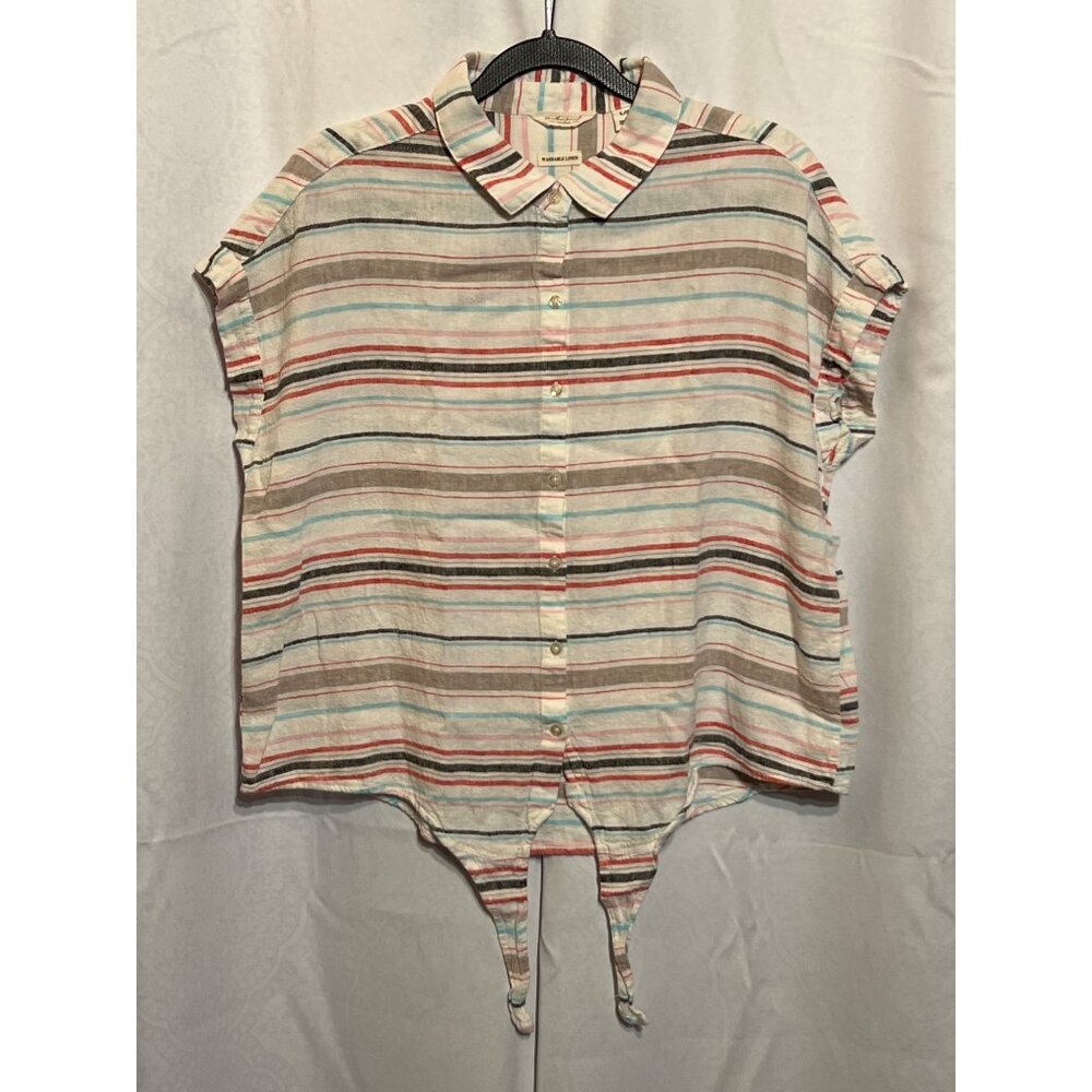 Striped Button-Up Crop Shirt With Tie Detail Weatherproof Vintage Size L Multico